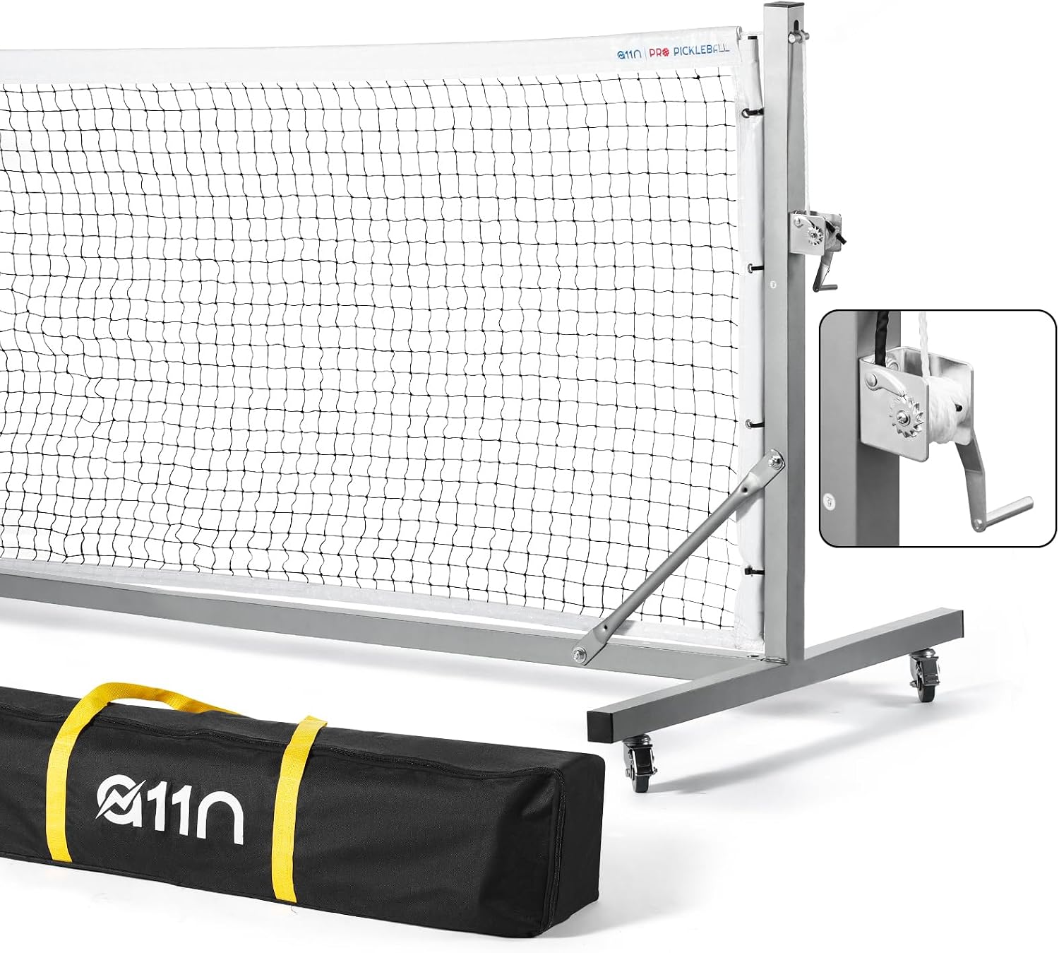 A11N SPORTS Pro pickleball net with wheels and hand winch tension system