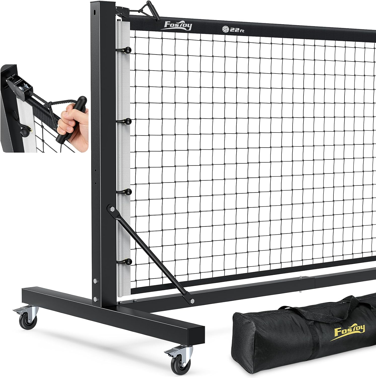 Fostoy Pro aluminum pickleball net system with dual-side tensioning and locking wheels