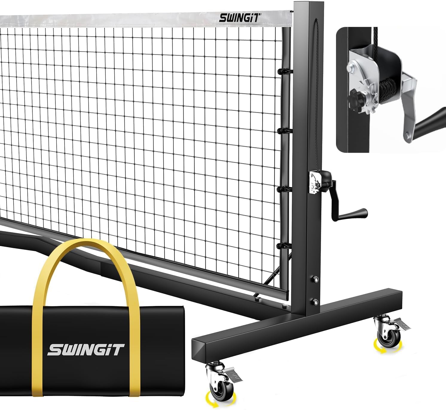 SwingIt Pro 22ft pickleball net with hand crank tension system and locking wheels