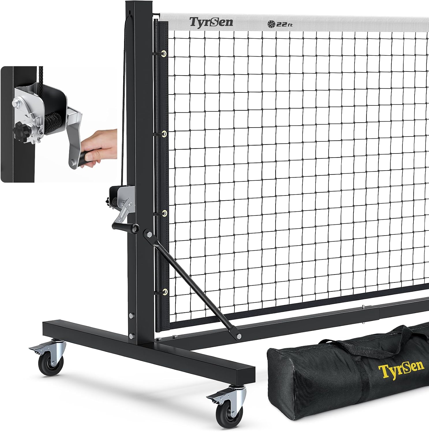 TYRSEN Pro 22ft pickleball net with hand crank tension system and locking wheels