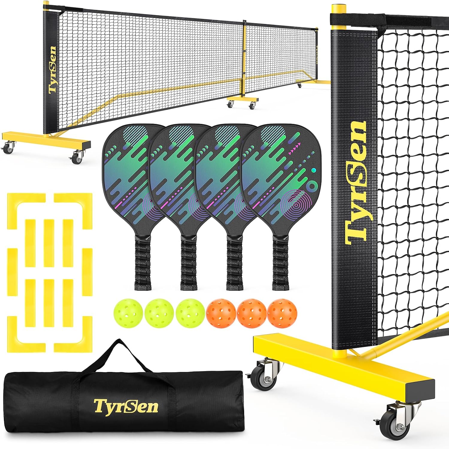 TYRSEN pickleball net set with wheels, 4 paddles, balls, and court markers